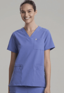 Woman wearing blue scrub top
