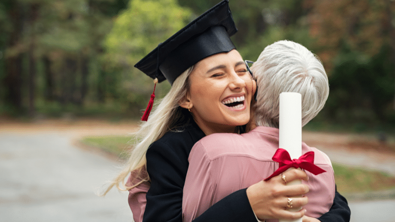 Nursing student hugging grandma