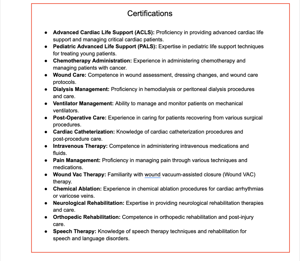 certifications of a travel nurse resume